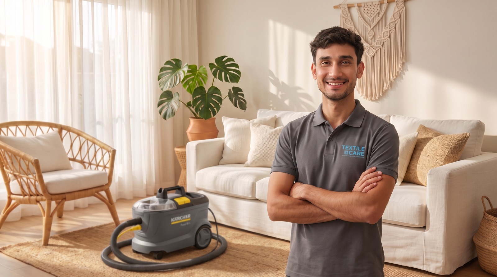 Técnico de Textile Care Tulum con equipo de limpieza profunda de tapicería en una sala boho-chic